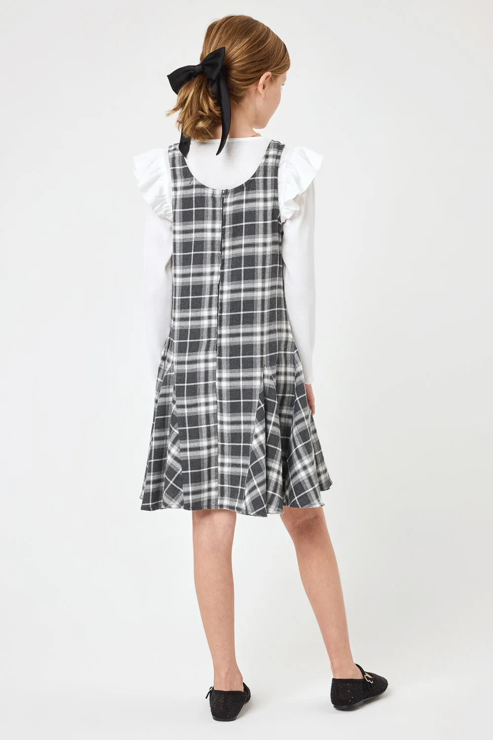 Kids Charcoal Grey Plaid Godet Dress w Hair Bow