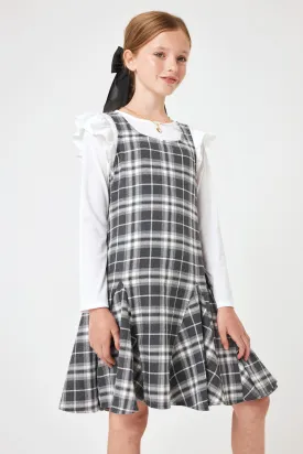 Kids Charcoal Grey Plaid Godet Dress w Hair Bow