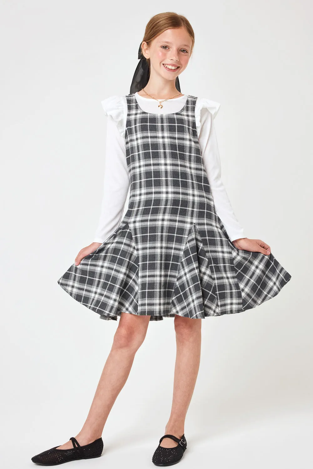 Kids Charcoal Grey Plaid Godet Dress w Hair Bow