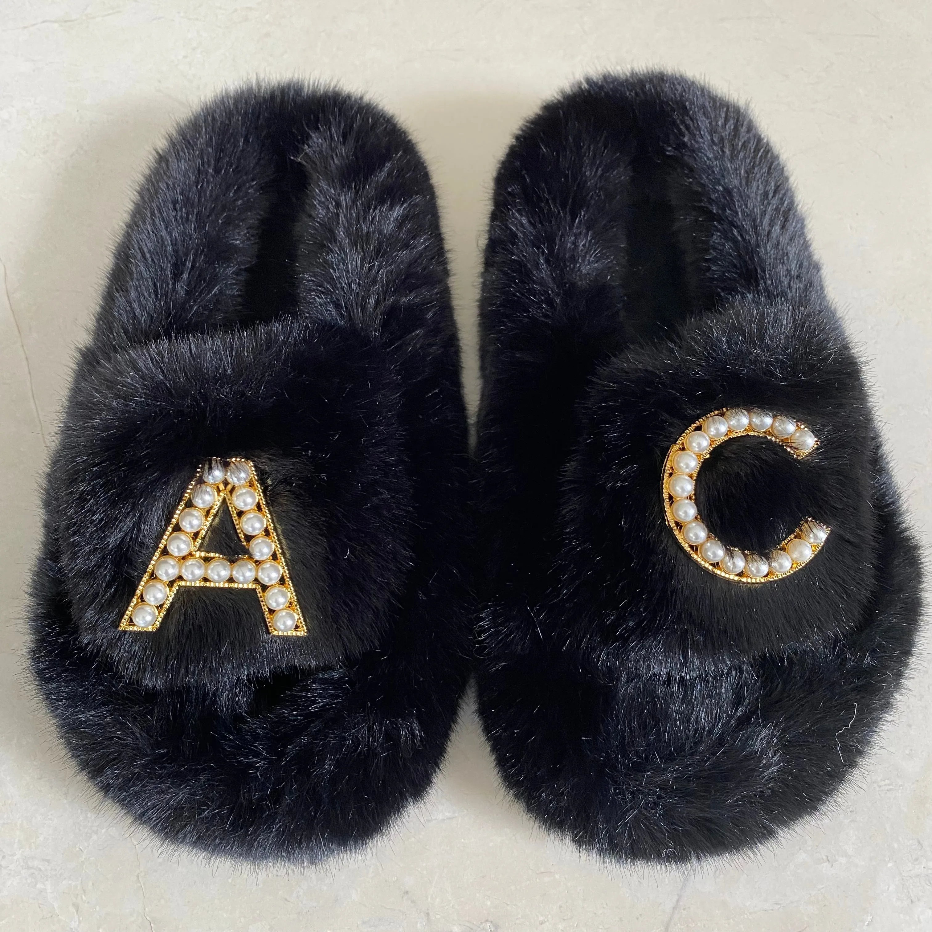 Kids Furry Slides Black