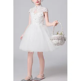 Kids Girls Cold Shoulder Round Neck Long Thin Skirt Stars Decorated Pretty Dress - KGD76811