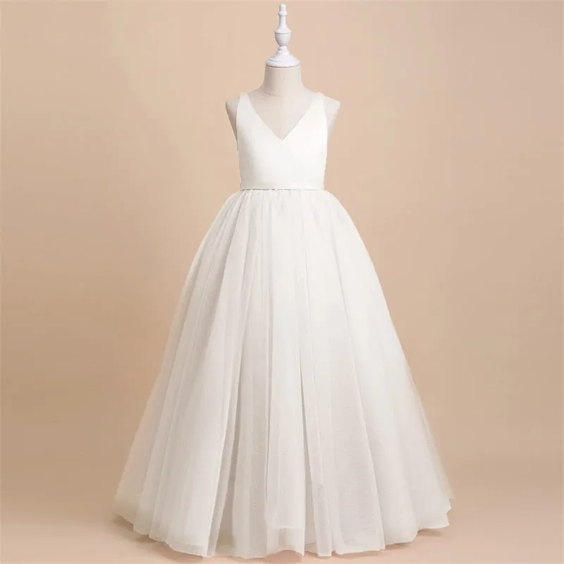 Kids Girls Elegant Big Bow Dress Teen Girl White First Communion Ceremony Long Robe Dress - KGD8337