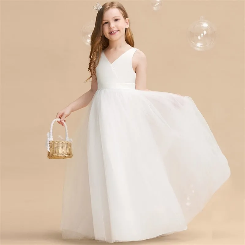 Kids Girls Elegant Big Bow Dress Teen Girl White First Communion Ceremony Long Robe Dress - KGD8337