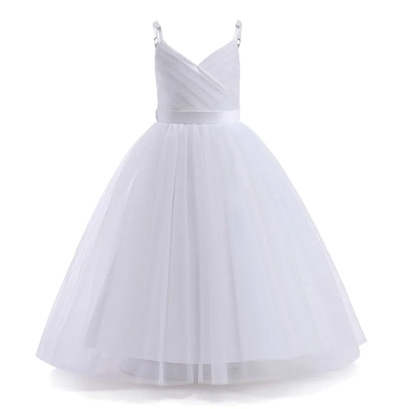 Kids Girls Elegant Big Bow Dress Teen Girl White First Communion Ceremony Long Robe Dress - KGD8337