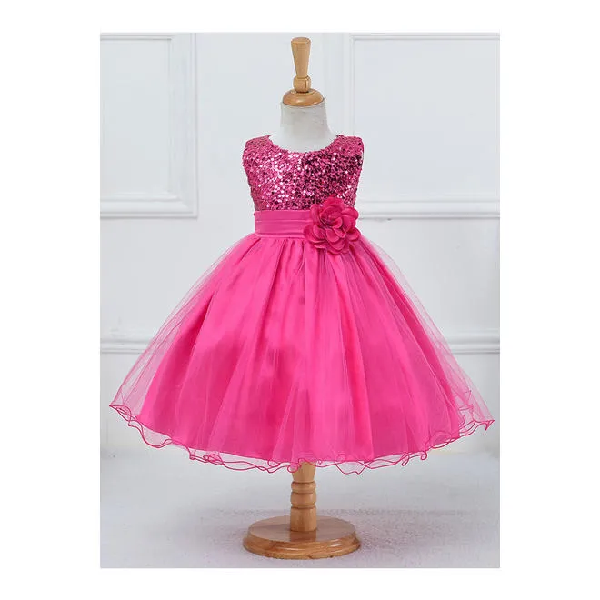 Kids Girls Sequins Decorated Thin Mesh Skirt Sleeveless Magnificent Splendid Dress - C639TCKGD