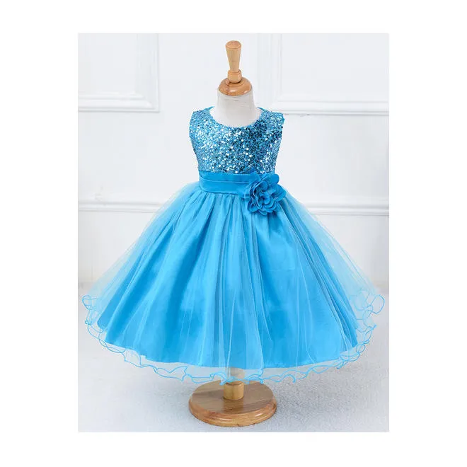 Kids Girls Sequins Decorated Thin Mesh Skirt Sleeveless Magnificent Splendid Dress - C639TCKGD