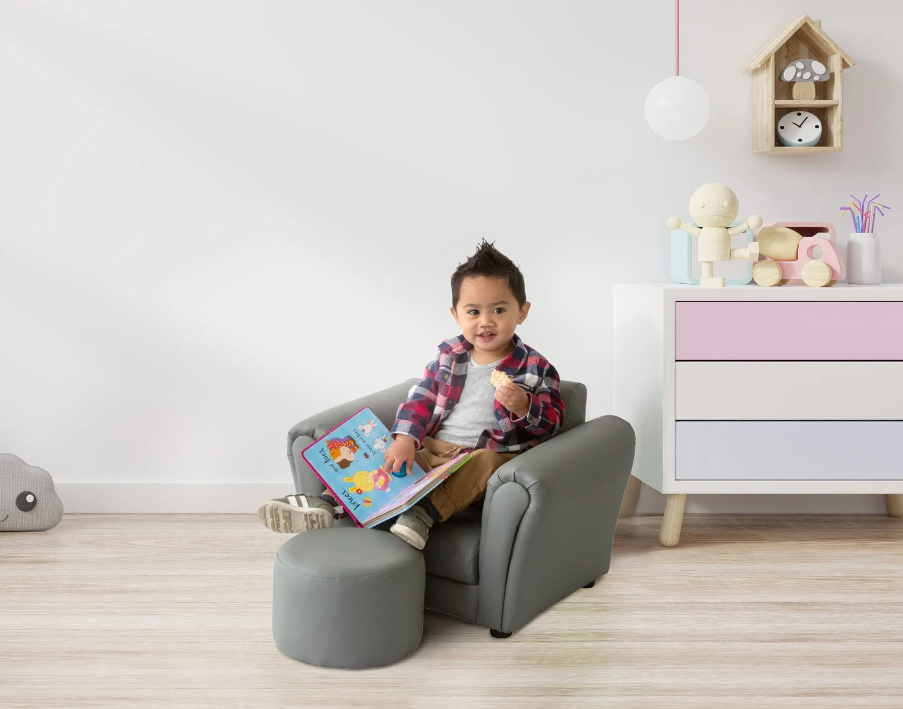 Kids Grey Sofa Chair w/ Footstool in PU Leather