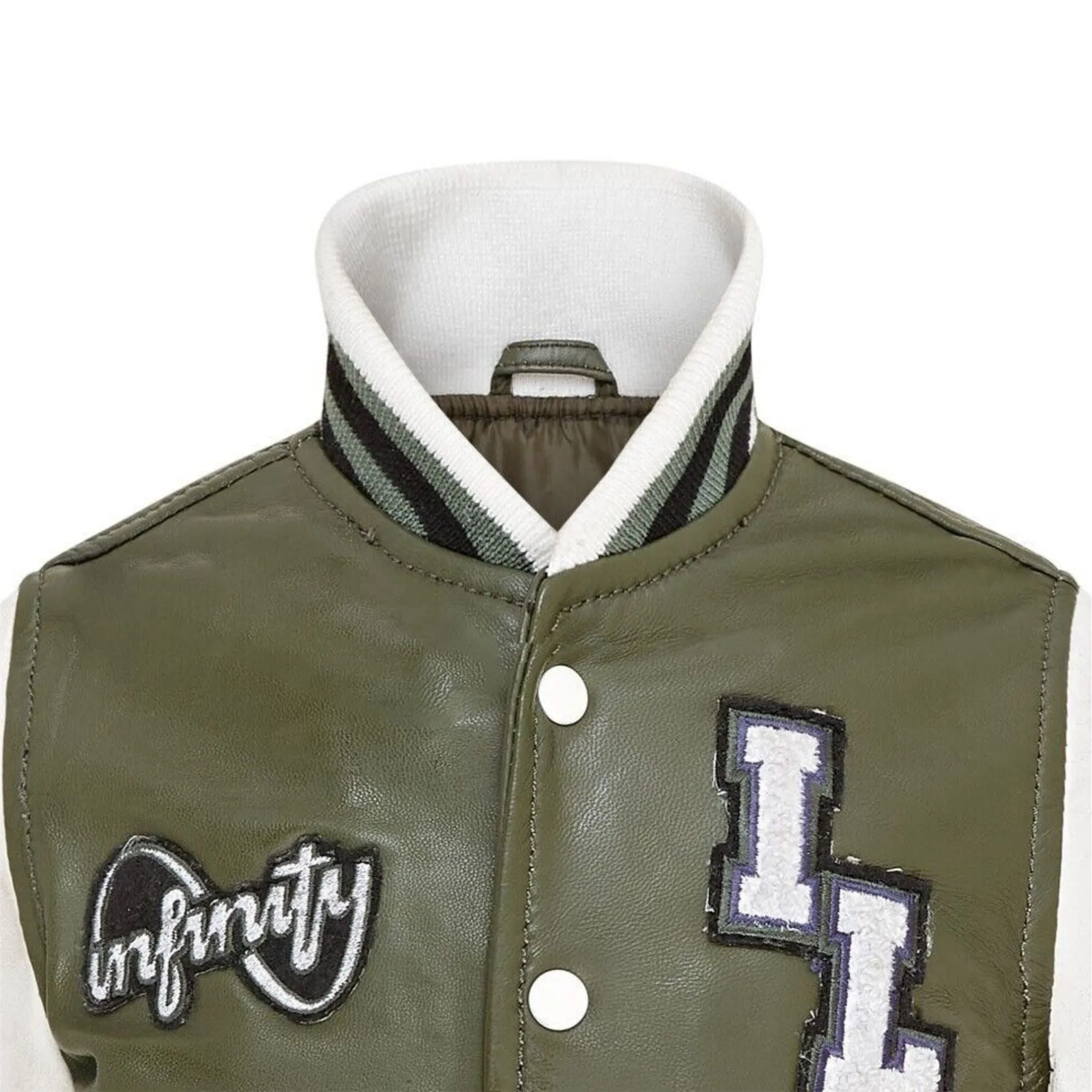 Kids Olive Green Genuine Leather Bomber Jacket Baseball Letterman Coat