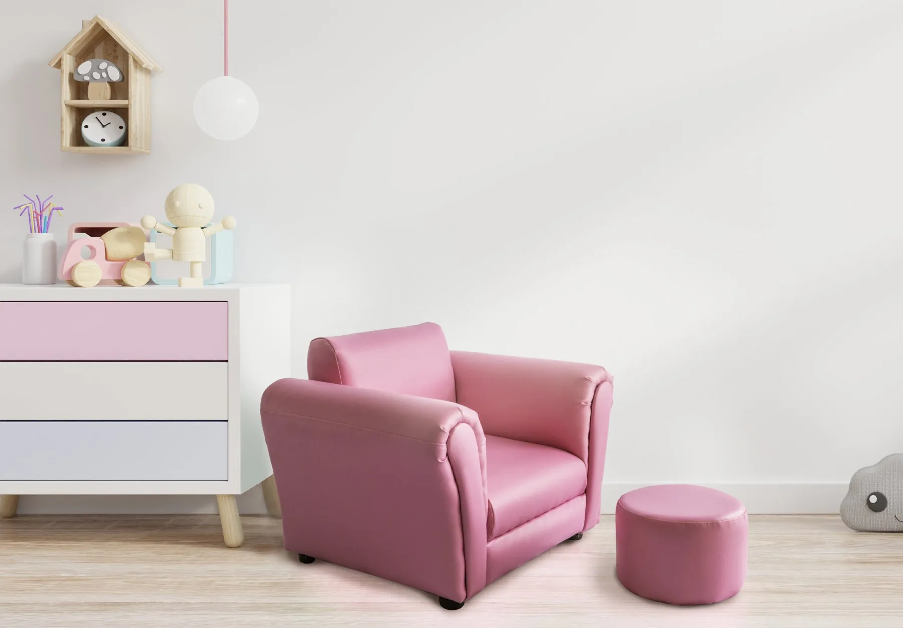 Kids Pink Sofa Chair w/ Footstool in PU Leather