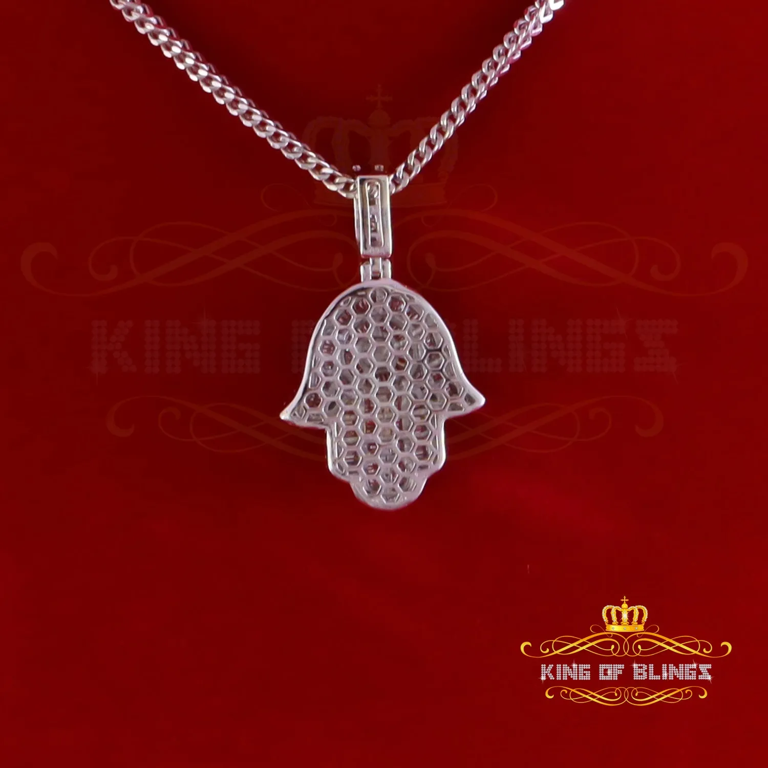 King Of Bling's 4.00ct VVS D Moissanite Baggutte Shape White Silver Hamsa Pendant Men & Women