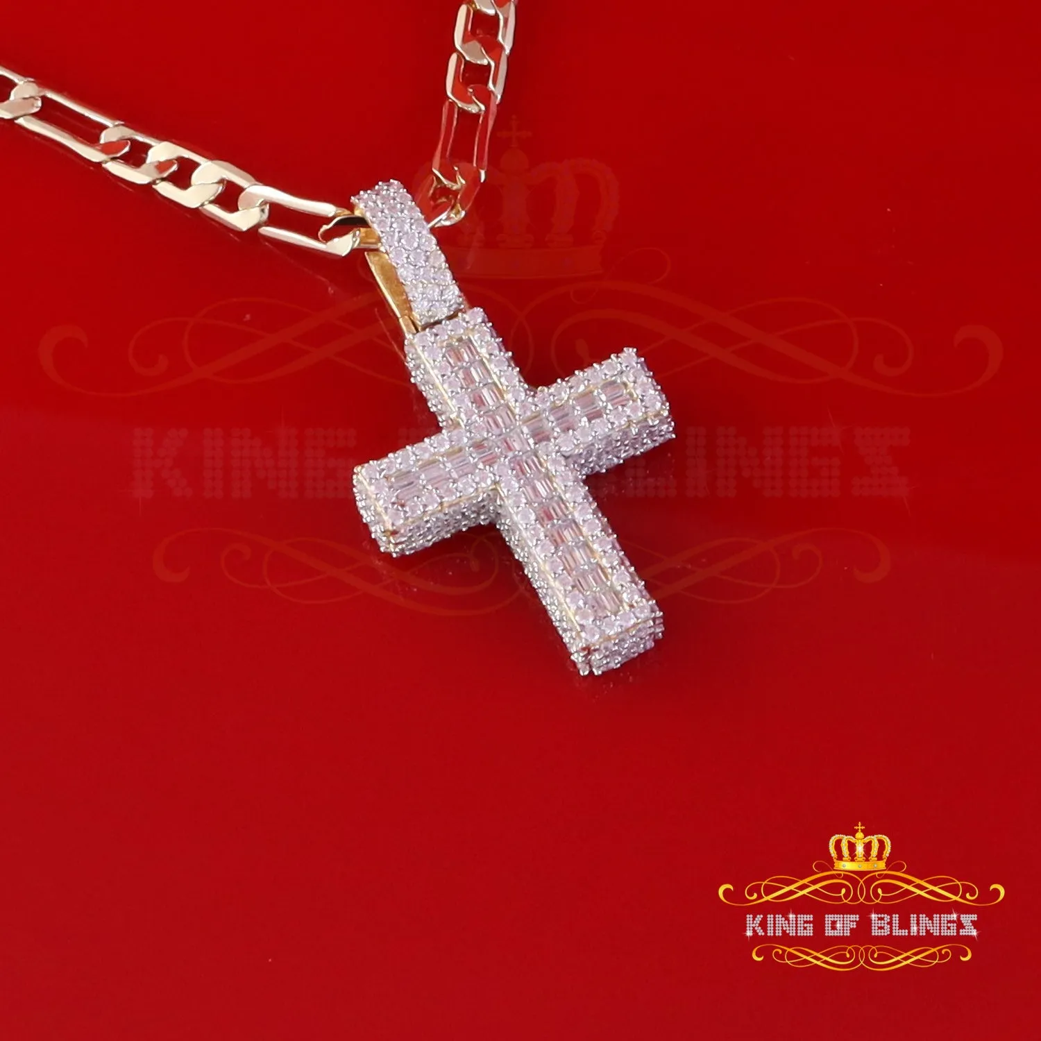 King Of Bling's 925 Sterling Yellow Silver 4.50ct VVS D Clr. Moissanite Cross Pendant Men/ Women