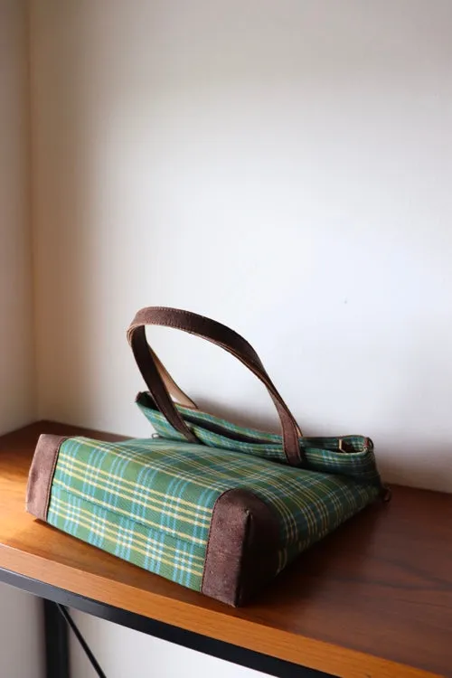 'Kirgiti's Green Checkered Dabu Print And Cork Tote Cum Sling Bag