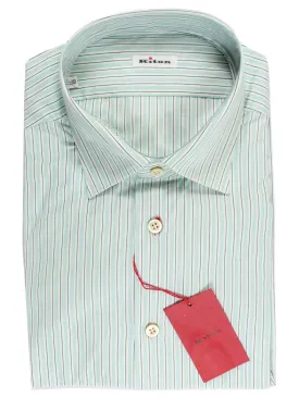 Kiton Dress Shirt White Green Aqua Stripes 37 - 14 1/2 REDUCED - SALE