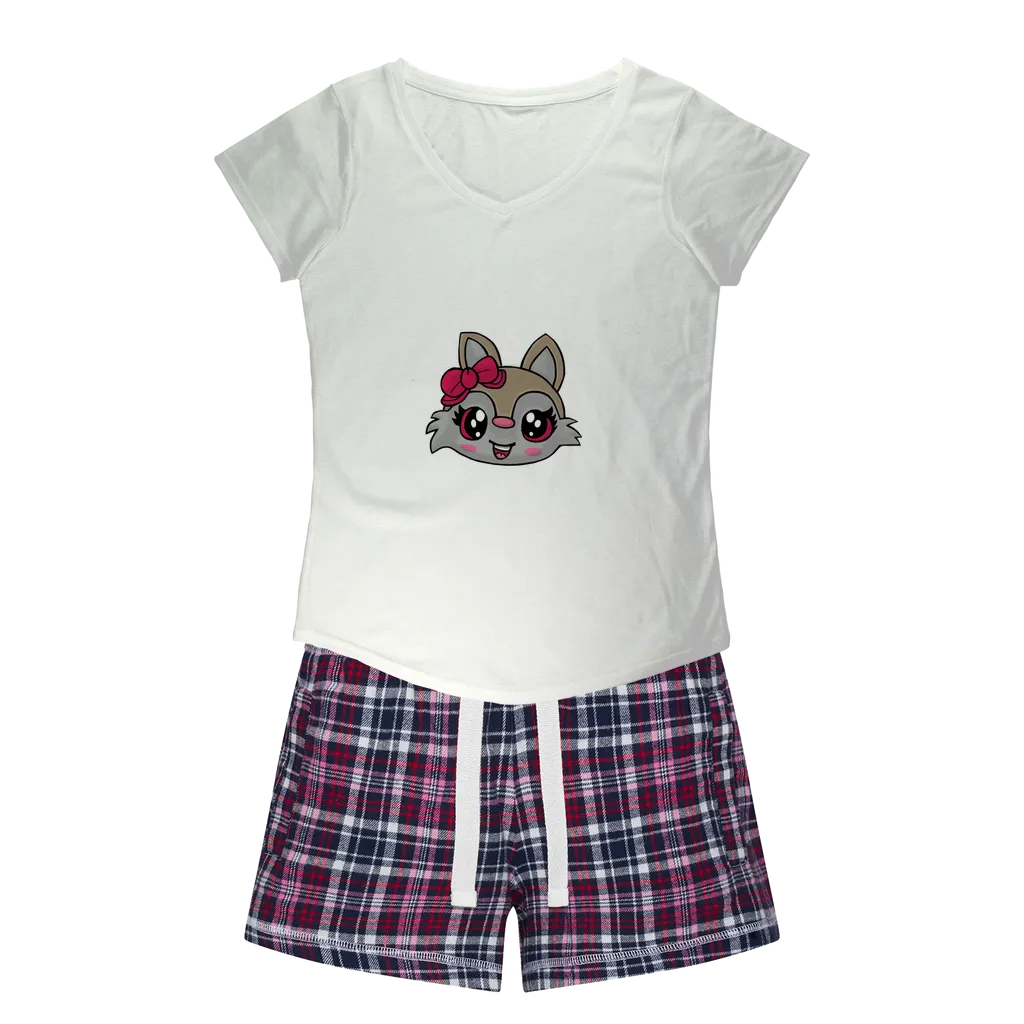 Kitty Face Women's Sleepy Tee and Flannel Short