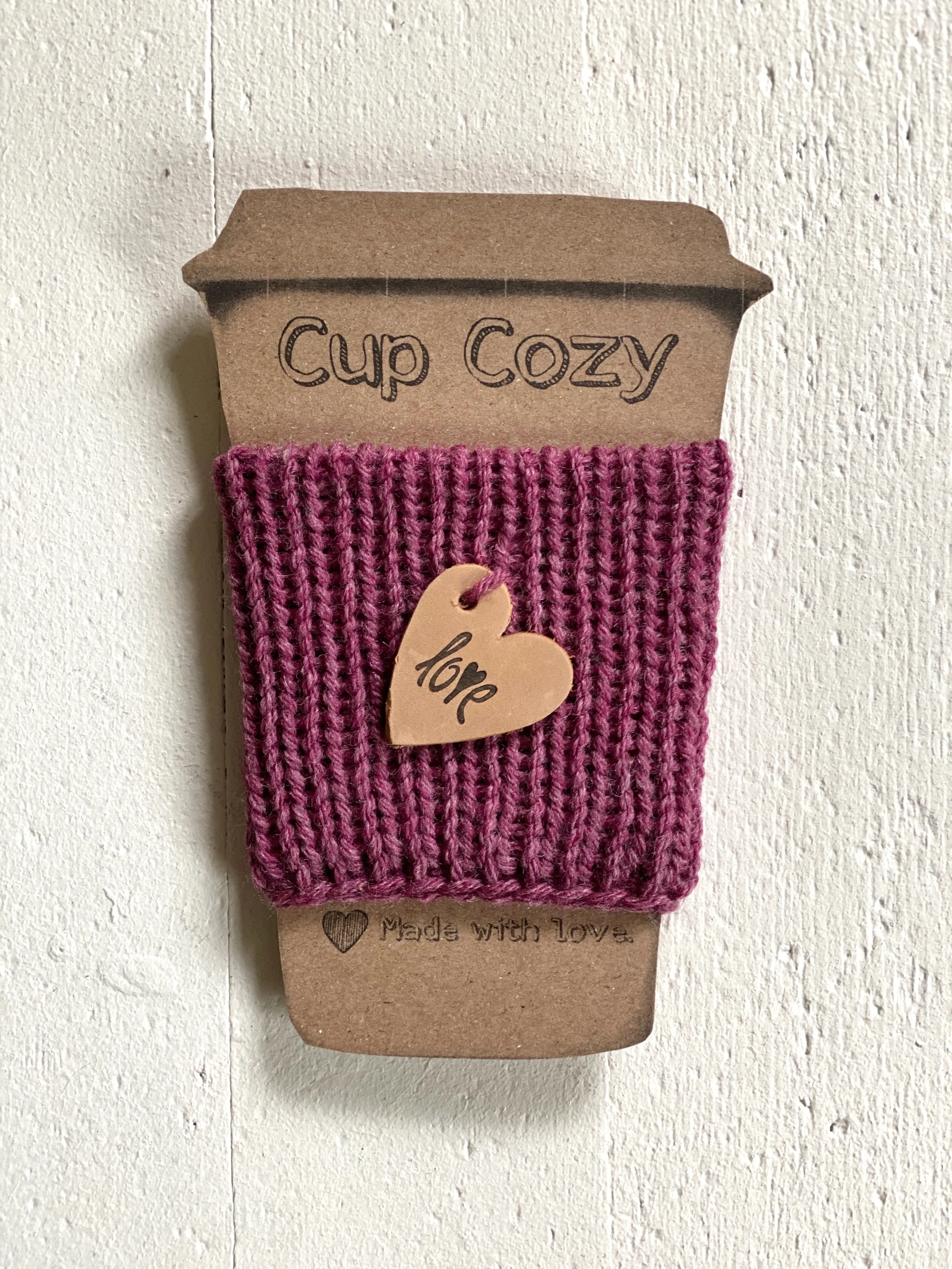 Knit Coffee Cup Cozy Sleeve Leather Love Heart Charm