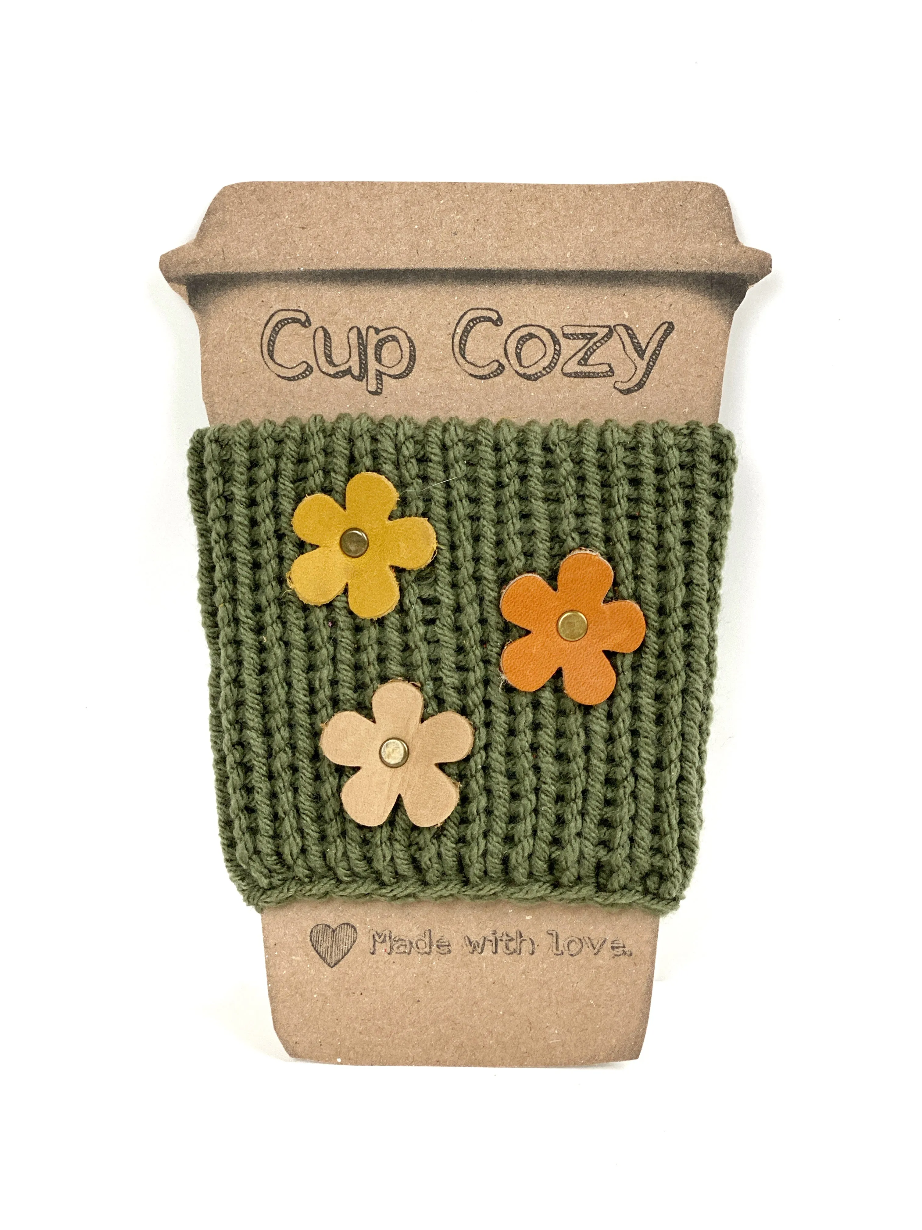 Knit Coffee Cup Cozy Sleeve Leather Love Heart Charm