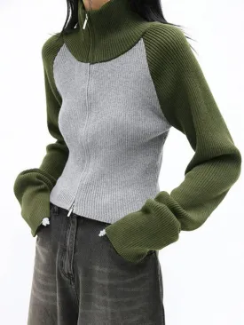 Knit Contrast Color High Neck Cardigan