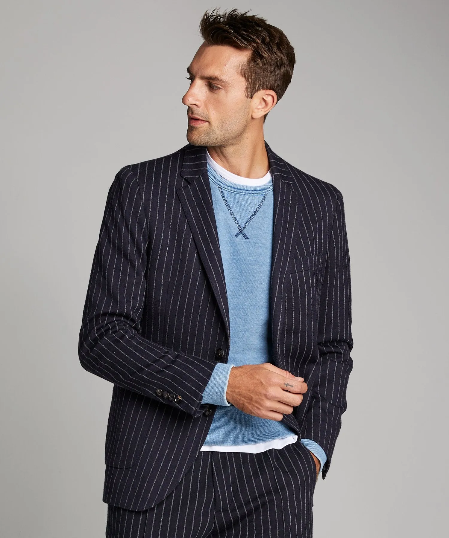 Knit Traveler Suit Jacket in Navy Pinstripe