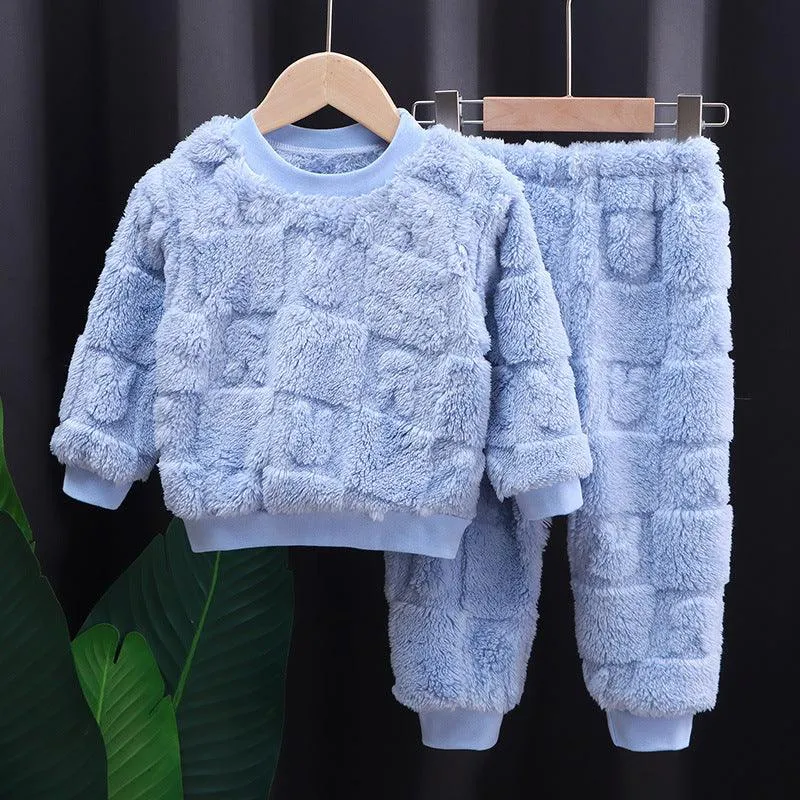 Korean Cozy Fleece Pajama Set – Solid Color Winter PJs for Kids