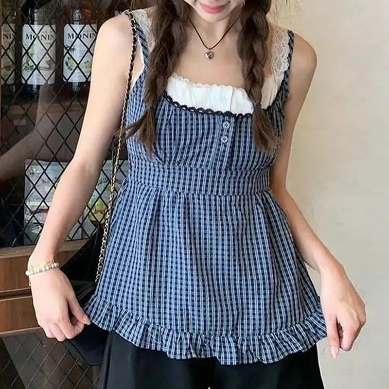 Korean Fashion Y2K Aesthetic Summer Camisole Tops Plaid Fake Two Pieces Patched Lace Trim Tank Top Ruffles Cutecore