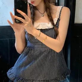 Korean Fashion Y2K Aesthetic Summer Camisole Tops Plaid Fake Two Pieces Patched Lace Trim Tank Top Ruffles Cutecore