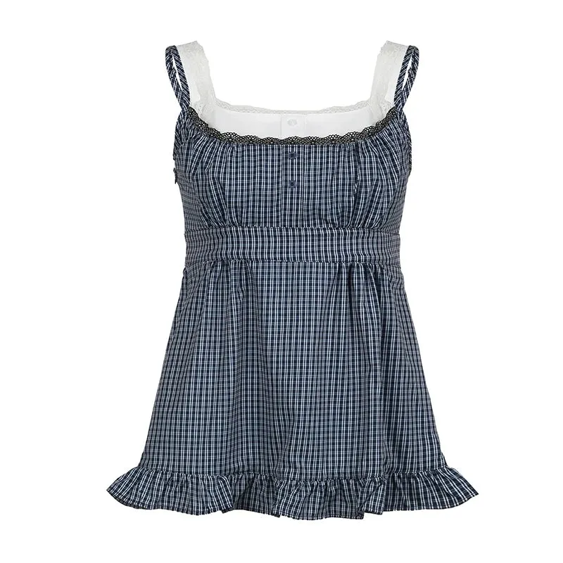 Korean Fashion Y2K Aesthetic Summer Camisole Tops Plaid Fake Two Pieces Patched Lace Trim Tank Top Ruffles Cutecore