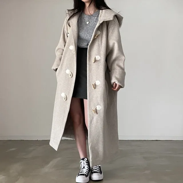 [Korean Style] 2 Color Toggle Button Fully Lined Hooded Long Coat