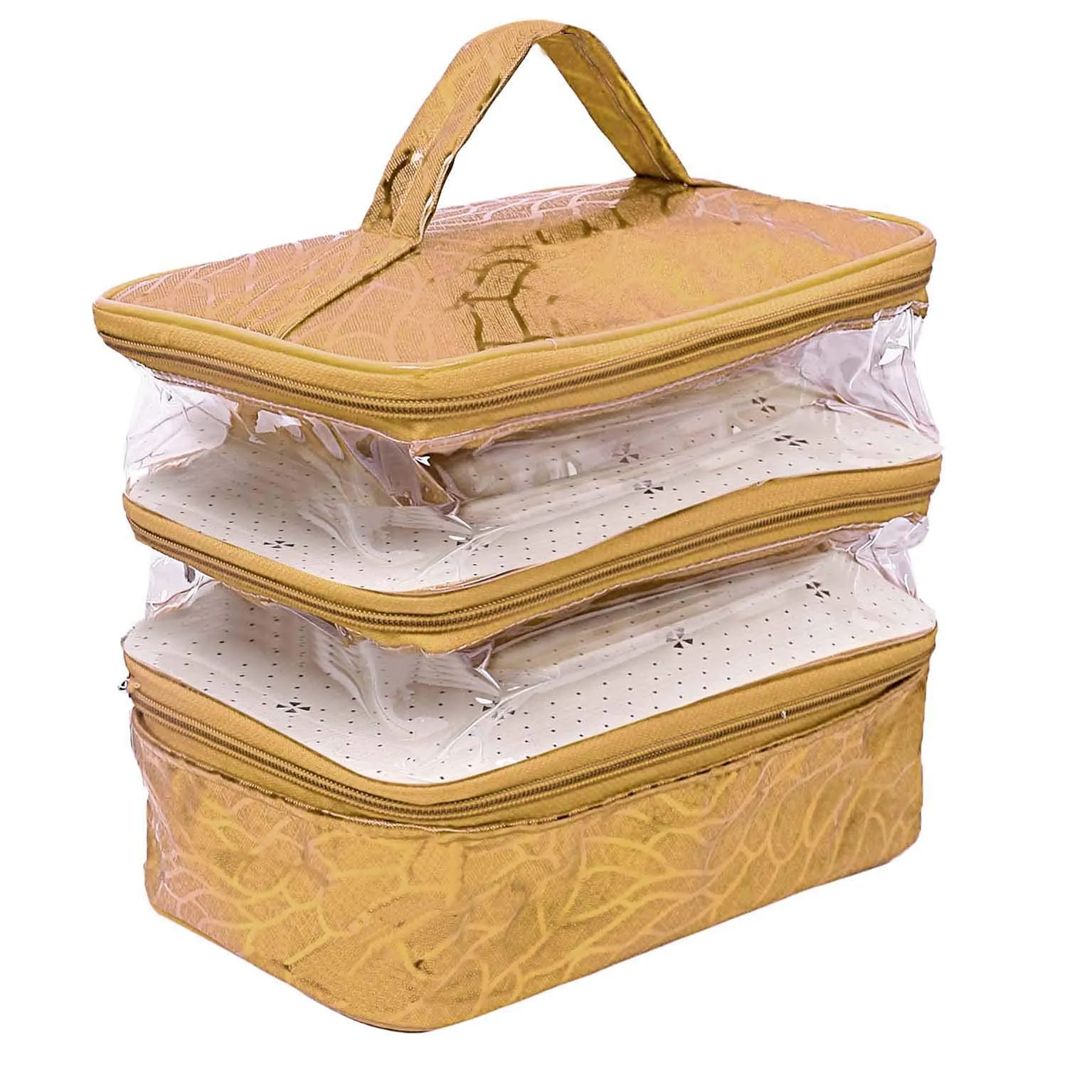 Kuber Industries 3 Layer Cosmetic Bag Travel Toiletry Cosmetic Makeup Bag Organizer-Pack of 2 (Gold)