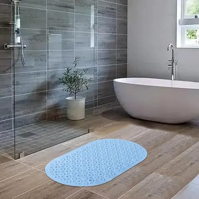 Kuber Industries Bath Mat | PVC Bathroom Mat | Shower Bath Mat | Floor Tub Mat | Bathroom Oval Mud Mat | Anti-Skid Shower Bathroom Mat | Q-02B |Pack of 4| Light Blue