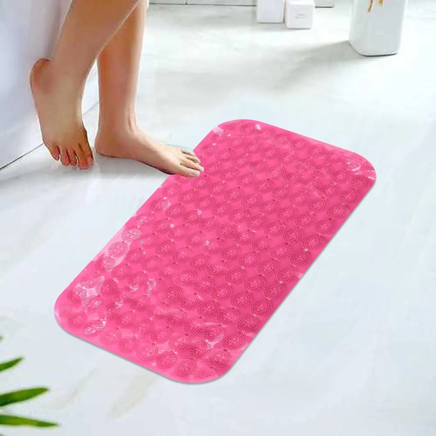 Kuber Industries Bath Mat | PVC Bathroom Mat | Shower Bath Mat | Floor Tub Mat | Foot Massager Mat | Anti-Skid Shower Bathroom Mat | B-02D |Pack of 3| Rose Red