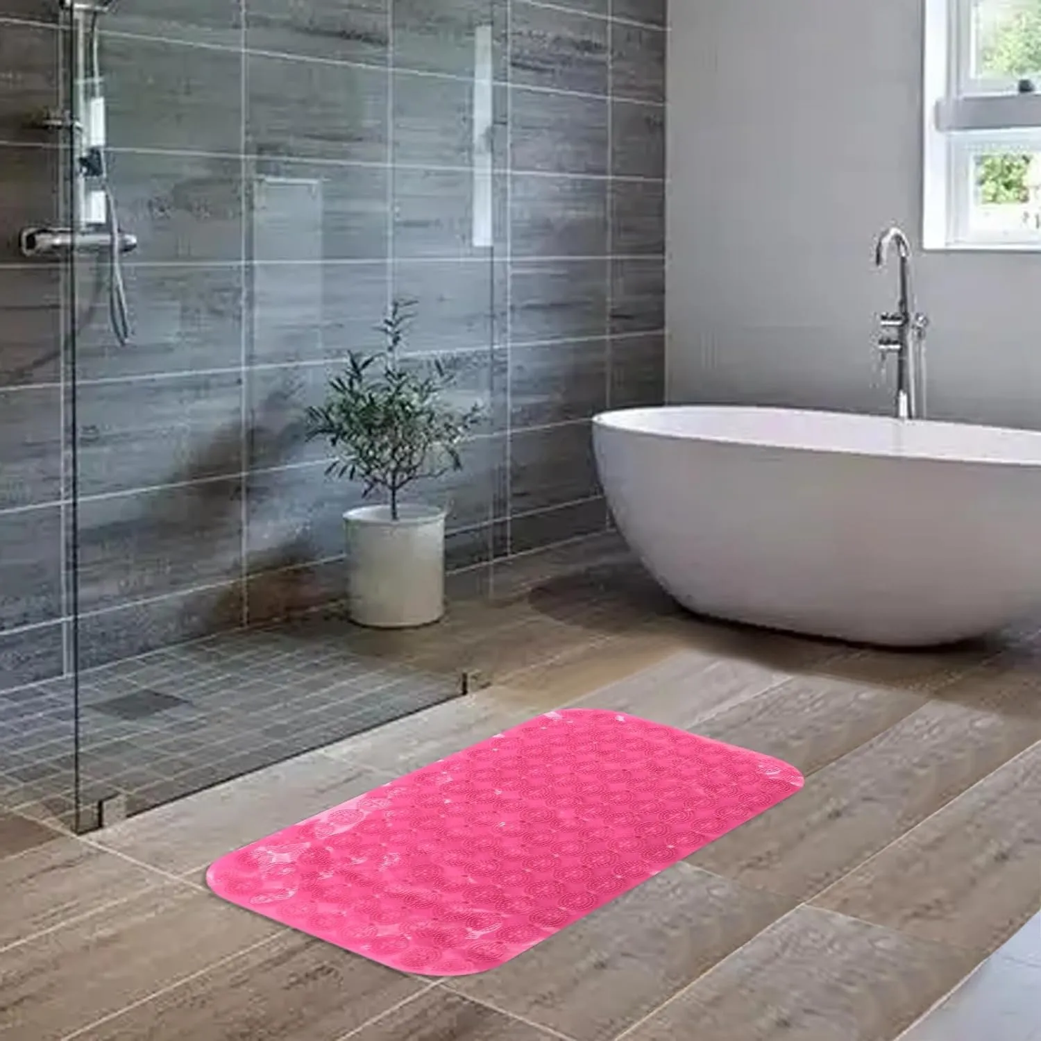 Kuber Industries Bath Mat | PVC Bathroom Mat | Shower Bath Mat | Floor Tub Mat | Foot Massager Mat | Anti-Skid Shower Bathroom Mat | B-02D |Pack of 3| Rose Red