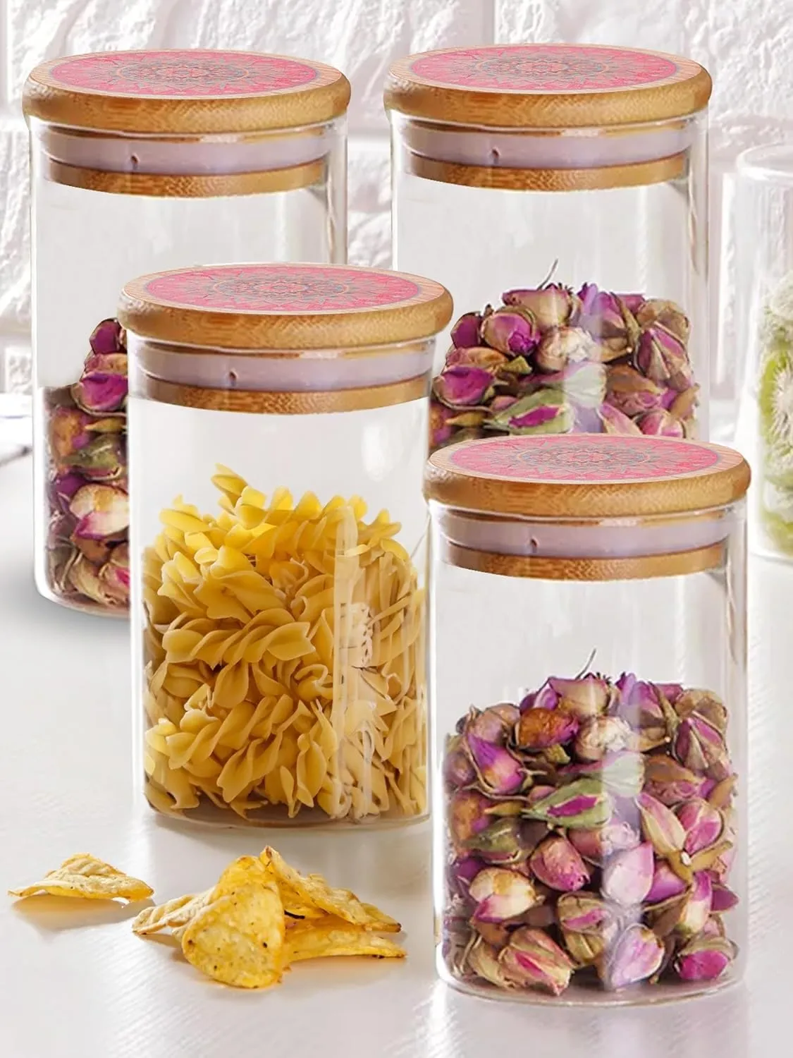 Kuber Industries Borosilicate Glass Jar with Printed Bamboo Lid|Kitchen Organizer Items and Storage|Multi-utility, Leakproof, Airtight Storage Jar for Cookies,Snacks,Tea,Coffee,Sugar|Pack of 4(600ml)