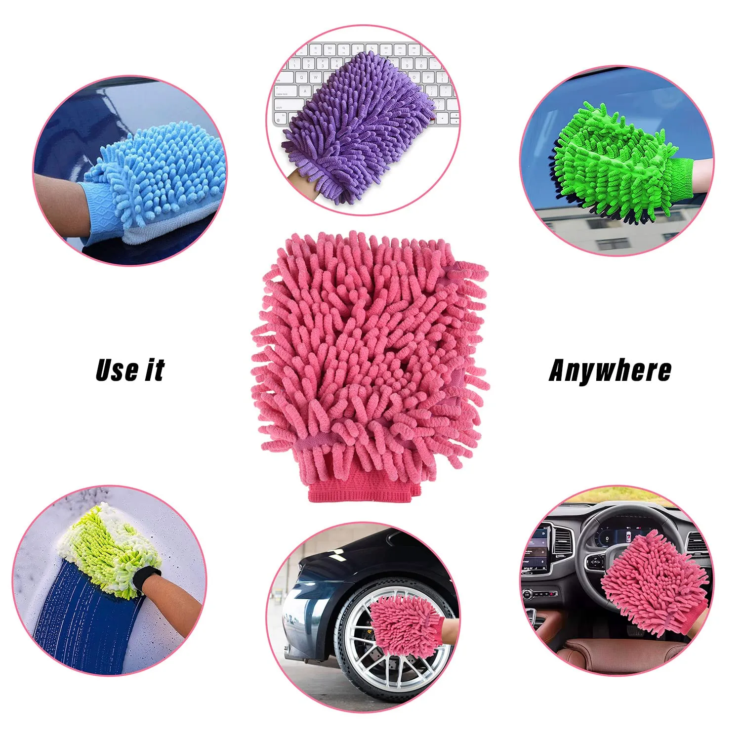 Kuber Industries Chenille Mitts|Microfiber Cleaning Gloves|Inside Waterproof Cloth Gloves|100 Gram Weighted Hand Duster|Chenille Gloves for Car|Glass|Pack of 5 (Pink)