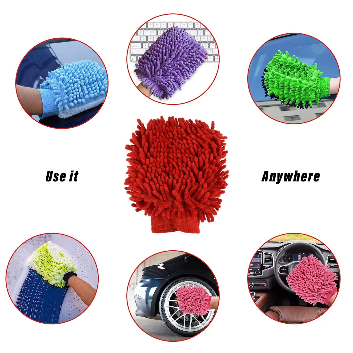 Kuber Industries Chenille Mitts|Microfiber Cleaning Gloves|Inside Waterproof Cloth Gloves|100 Gram Weighted Hand Duster|Chenille Gloves for Car|Glass|Pack of 5 (Red)