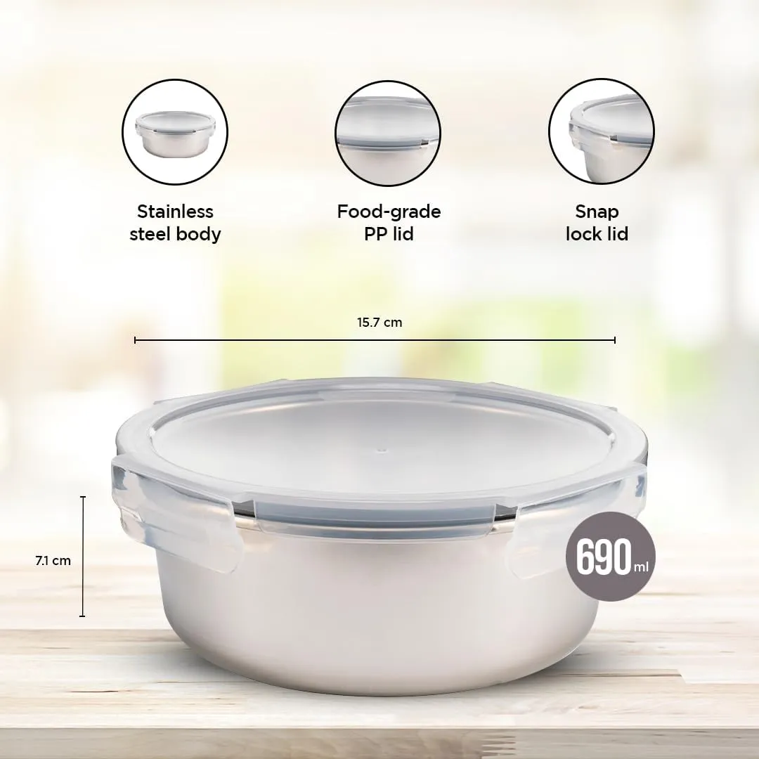 Kuber Industries Stainless Steel Food Container | Leakproof | Snap Lock Lid | Airtight | Lunch Box for Office Men, Women, Kids | Steel Tiffin Box (690ml, Pack of 2)