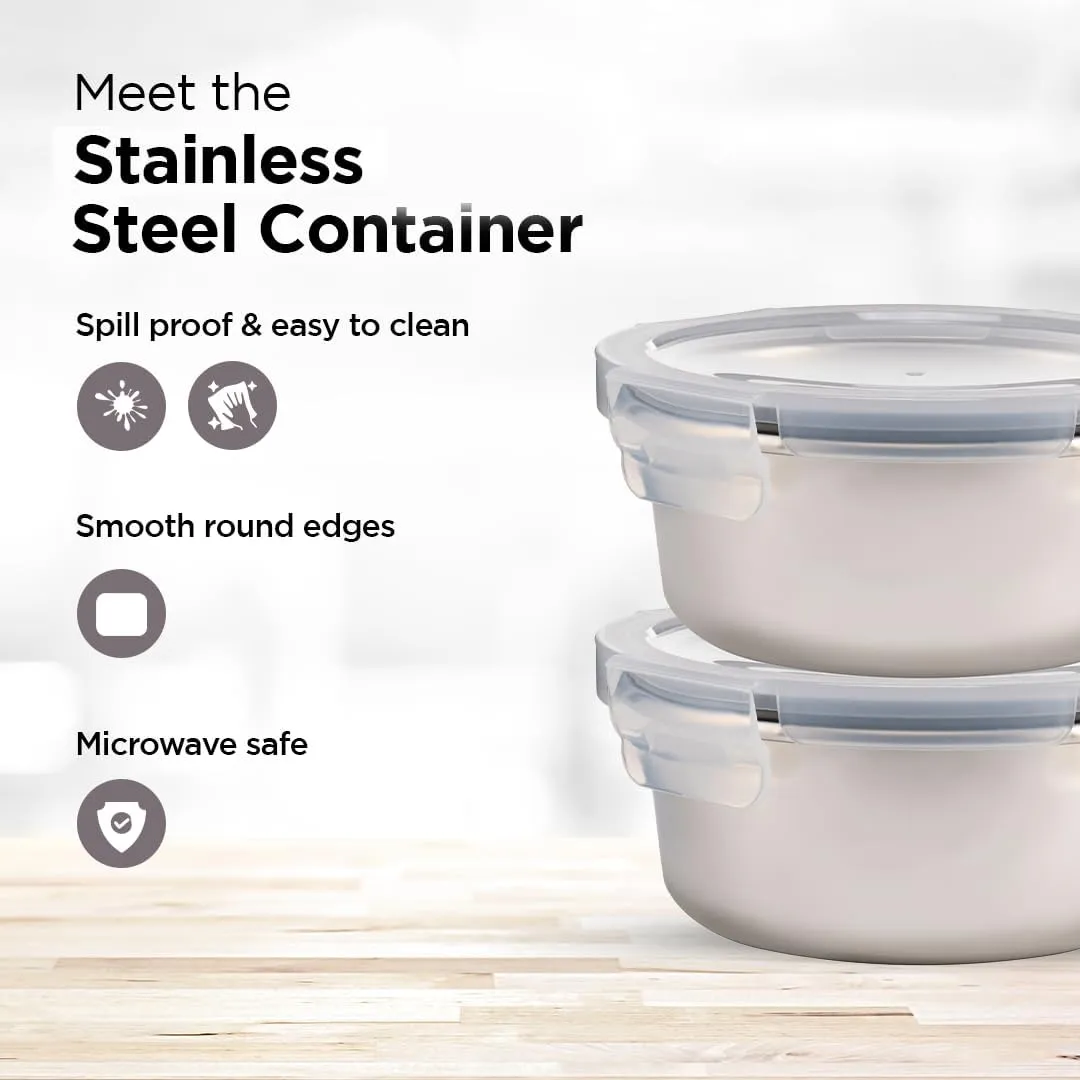 Kuber Industries Stainless Steel Food Container | Leakproof | Snap Lock Lid | Airtight | Lunch Box for Office Men, Women, Kids | Steel Tiffin Box (690ml, Pack of 2)