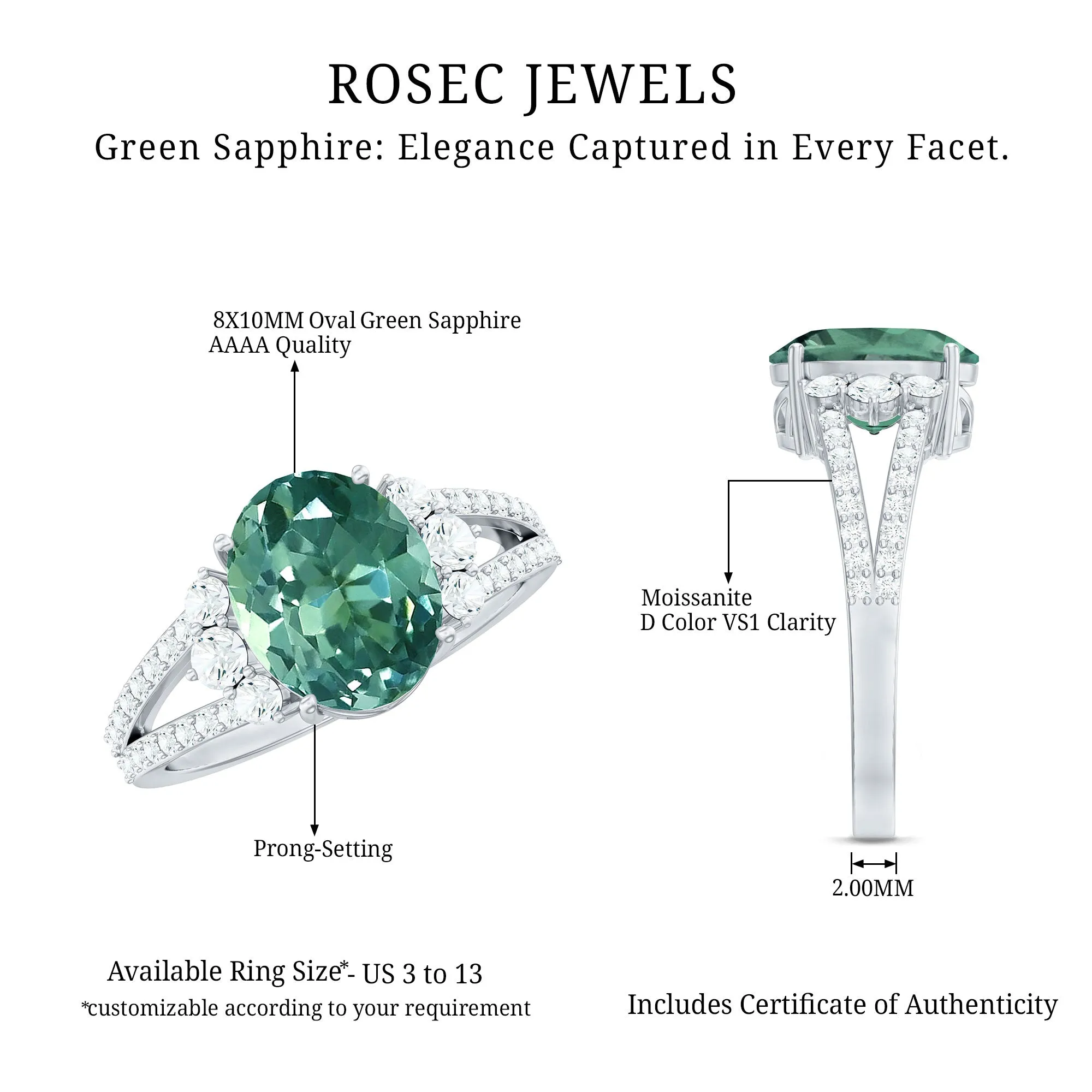 Lab Grown Green Sapphire Oval Engagement Ring with Moissanite