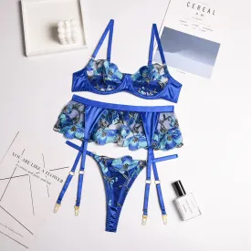 Lace Bra Set Women Embroidery Bra   Panty Underwear Set Ladies Blue Patchwork Sexy Lingerie Set