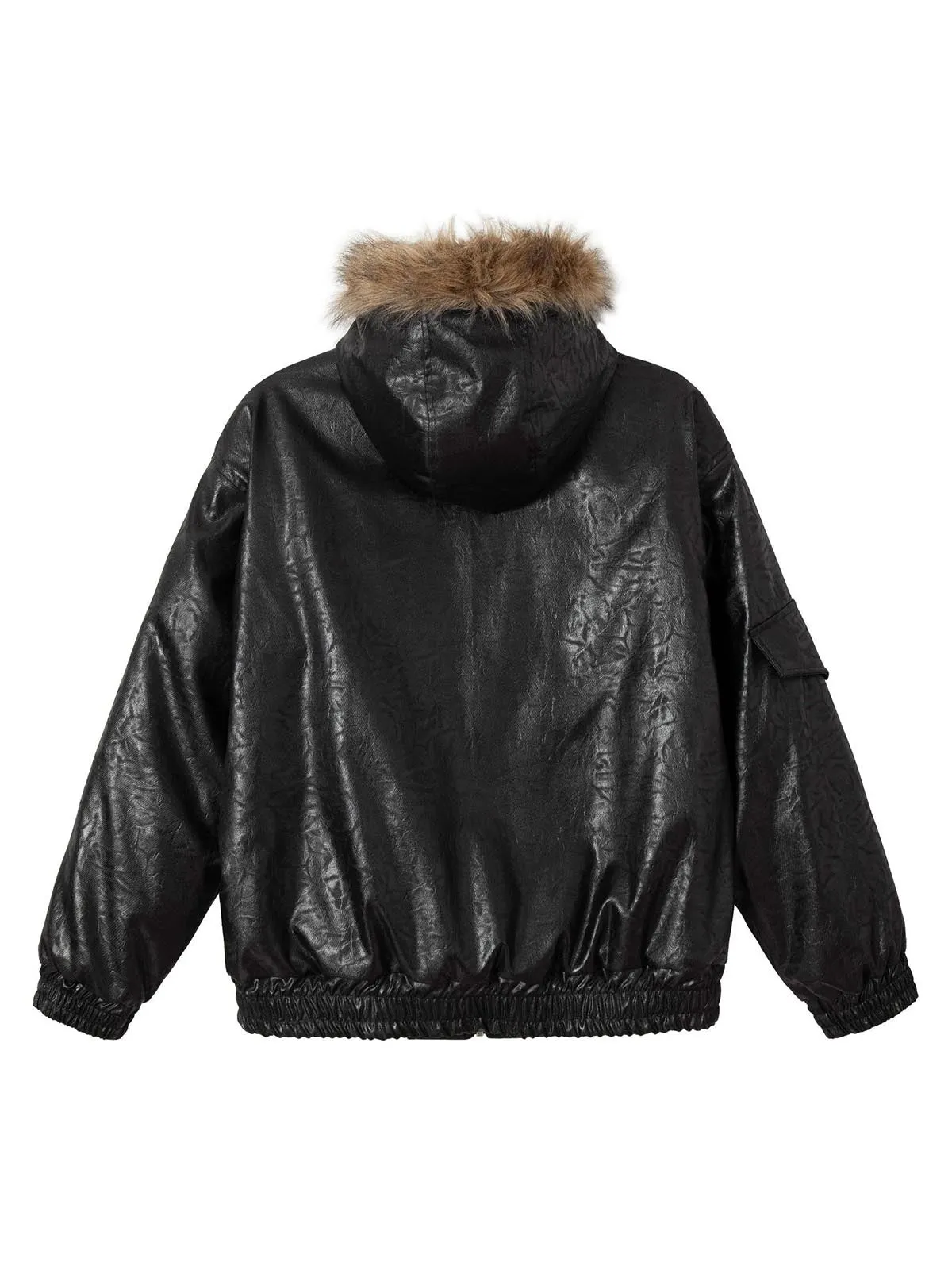 Lace Lettering Fur Hooded Leather Quited Jacket