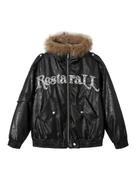 Lace Lettering Fur Hooded Leather Quited Jacket