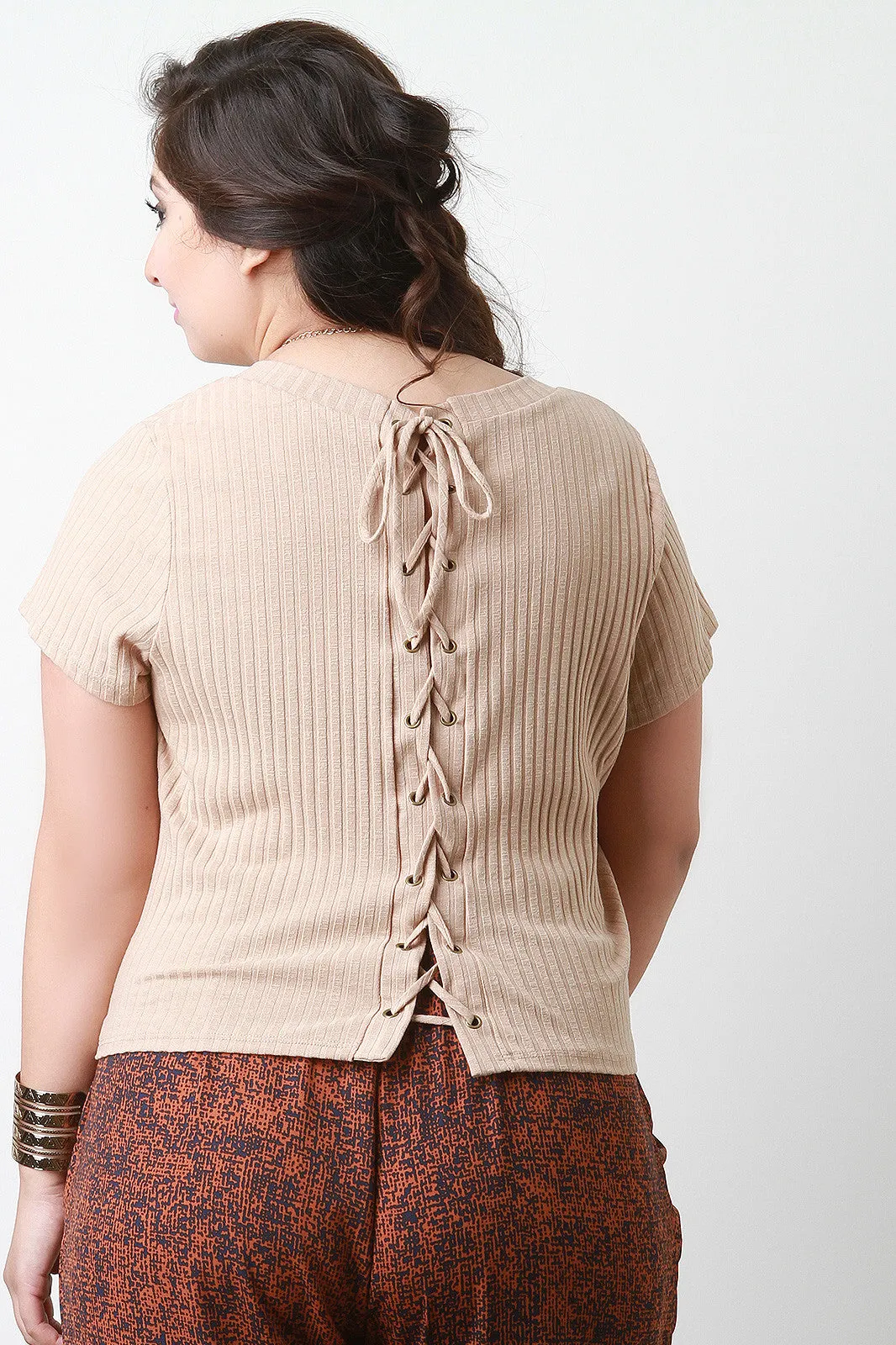 Lace Up Back Ribbed Top