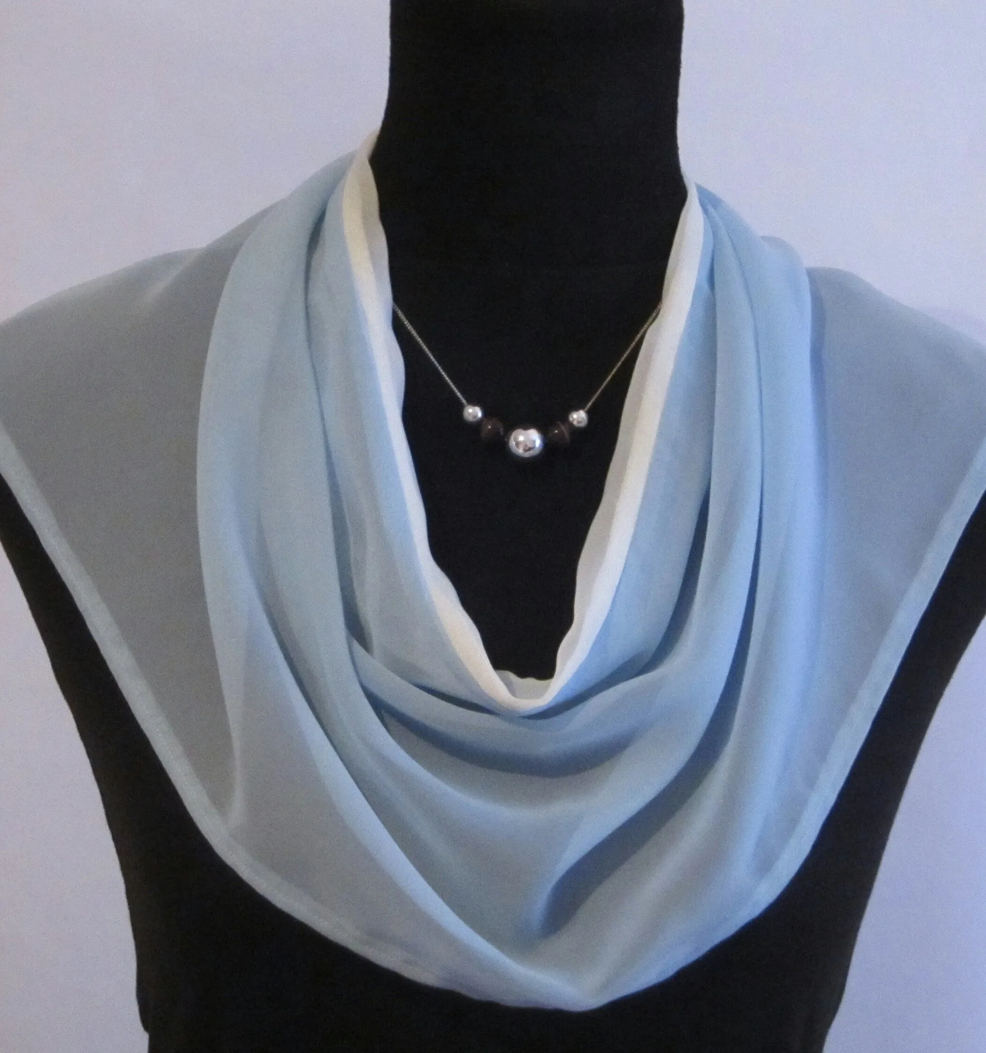 Ladies Bib Style Baby Blue and White Chiffon Scarf