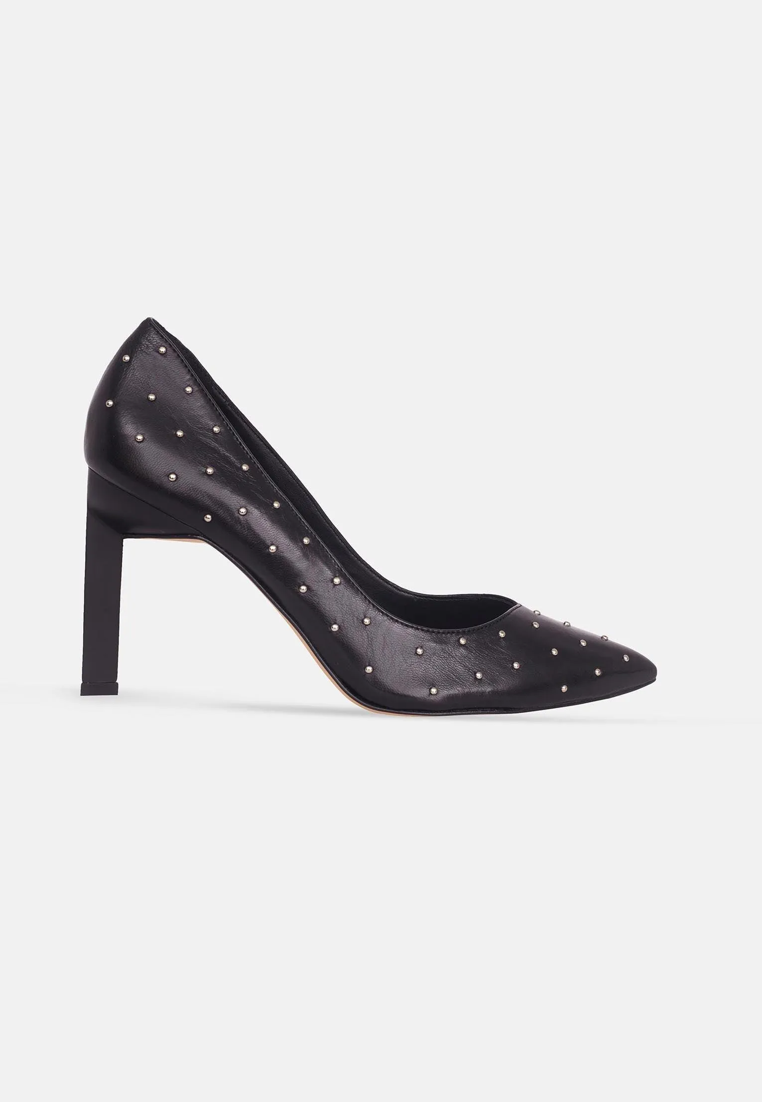 Ladies Black Leather High Heels Embellished with Metal Studs