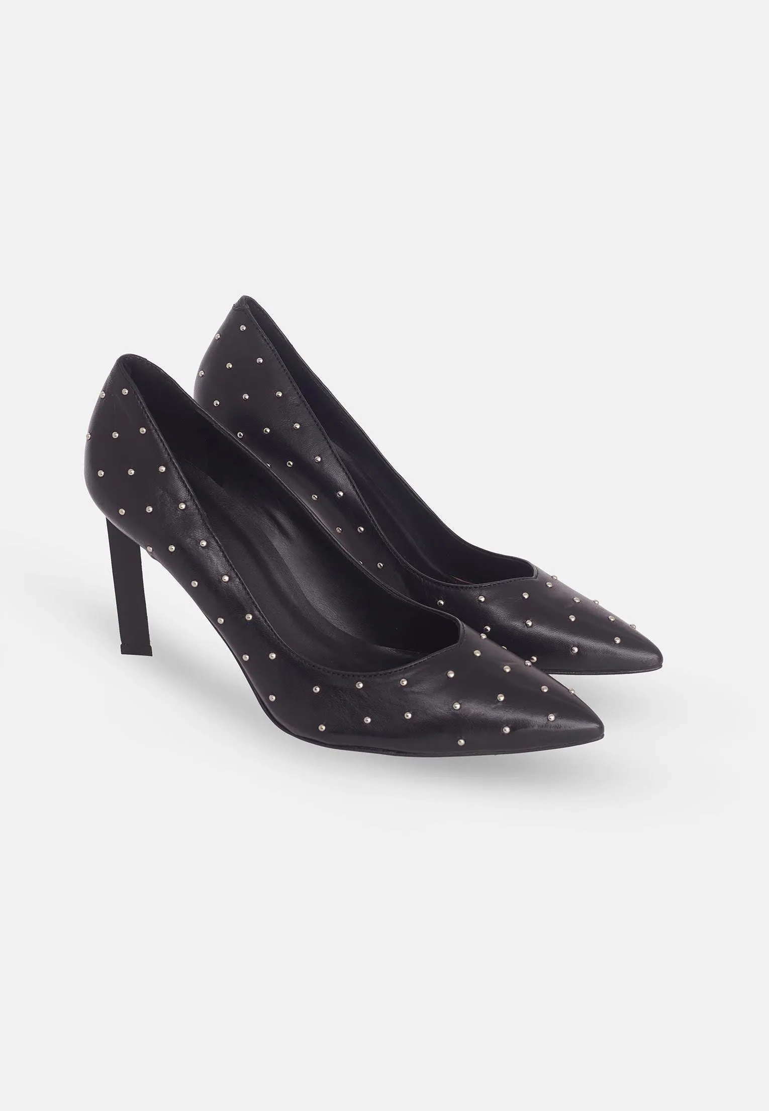 Ladies Black Leather High Heels Embellished with Metal Studs