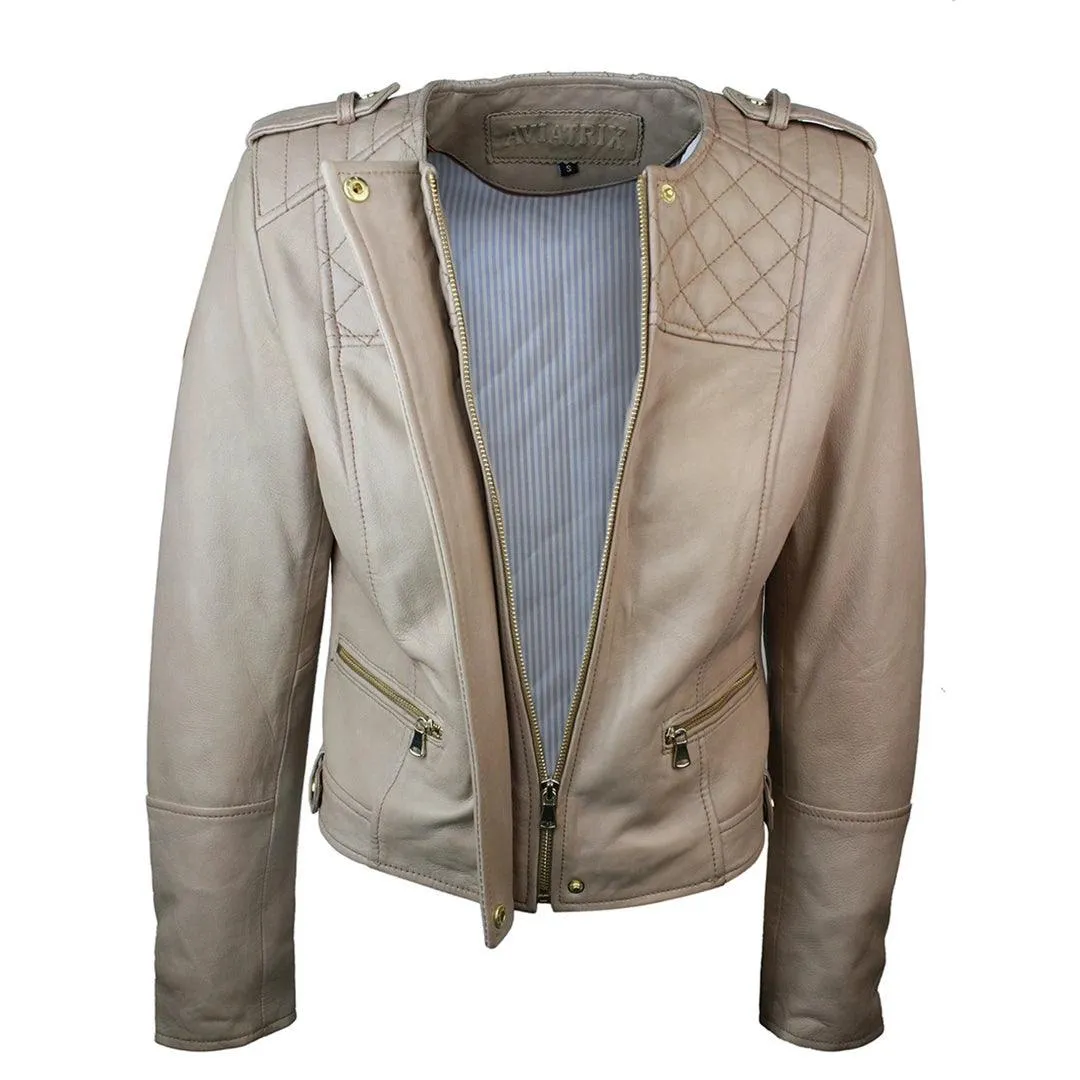 Ladies Cream Biker Style Fitted Real Lambskin Leather Jacket