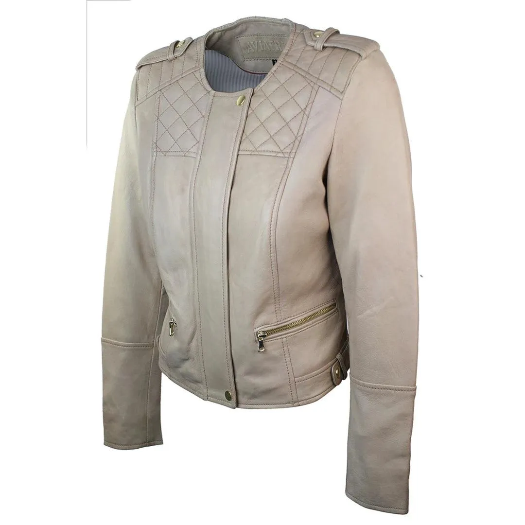 Ladies Cream Biker Style Fitted Real Lambskin Leather Jacket