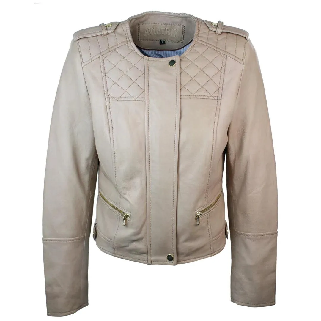 Ladies Cream Biker Style Fitted Real Lambskin Leather Jacket