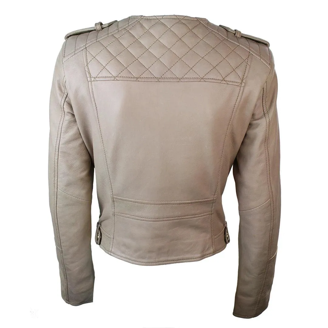 Ladies Cream Biker Style Fitted Real Lambskin Leather Jacket