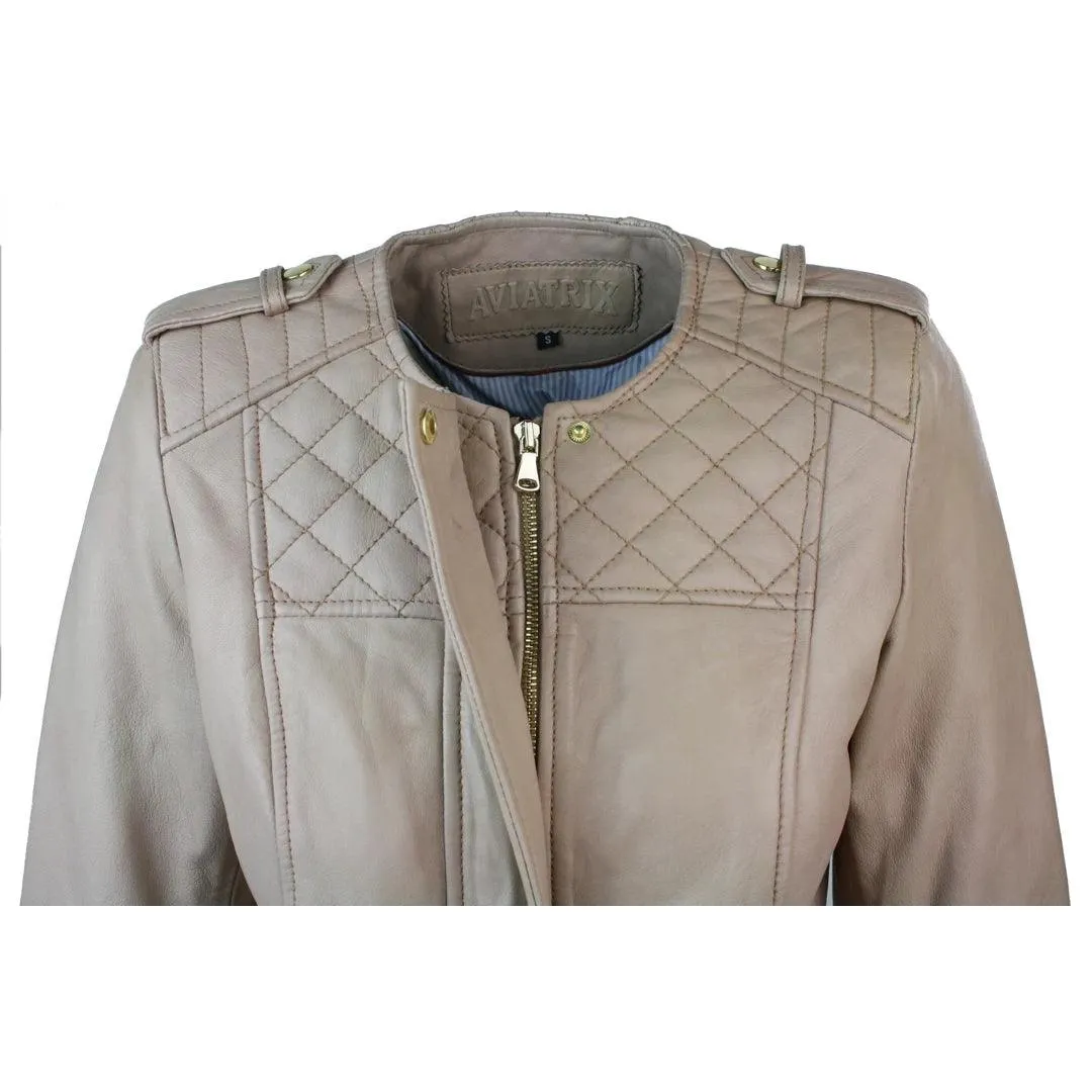 Ladies Cream Biker Style Fitted Real Lambskin Leather Jacket