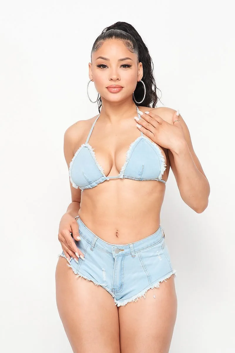 Ladies denim distressed 2 piece bikini shorts set